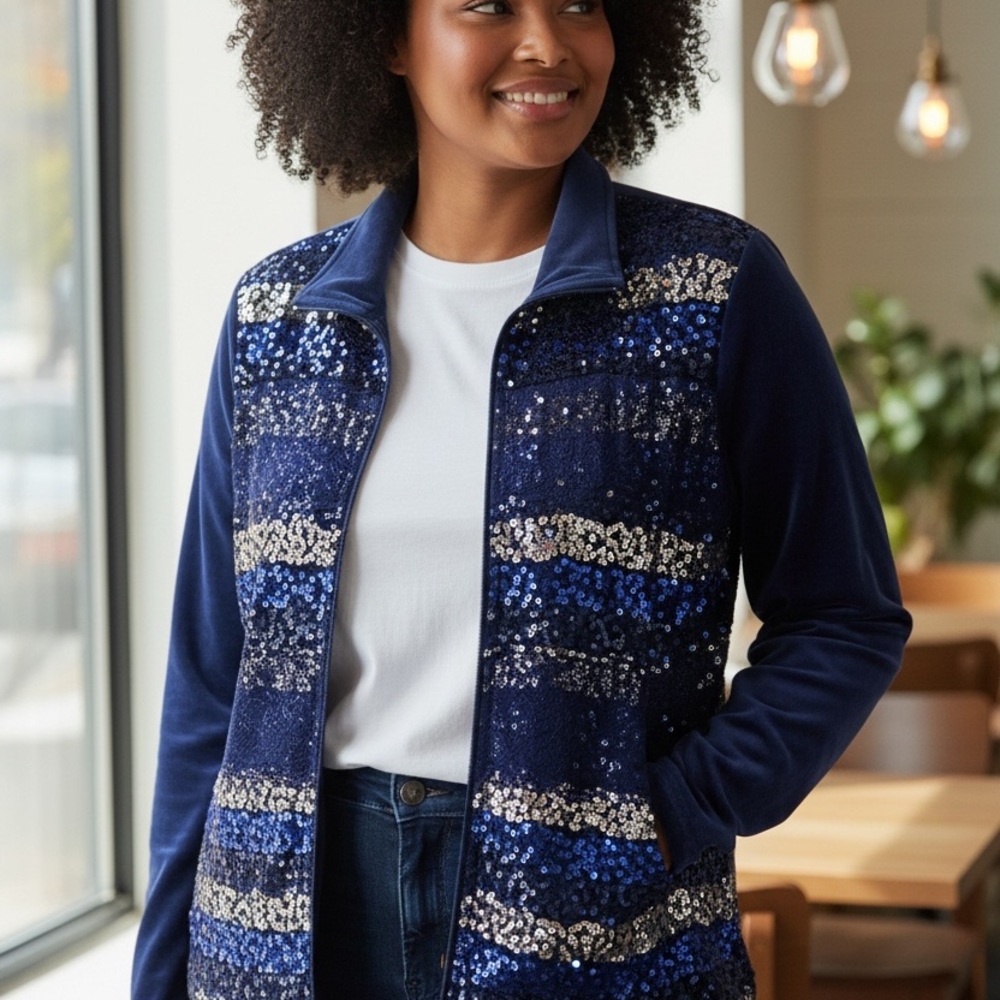 Quacker Factory Sparkling Navy and Silver Puffer Jacket